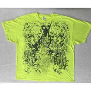 Vintage 90's Gildan Mens 2XL T-Shirt Neon Yellow Black Skull Graphic Scrollwork